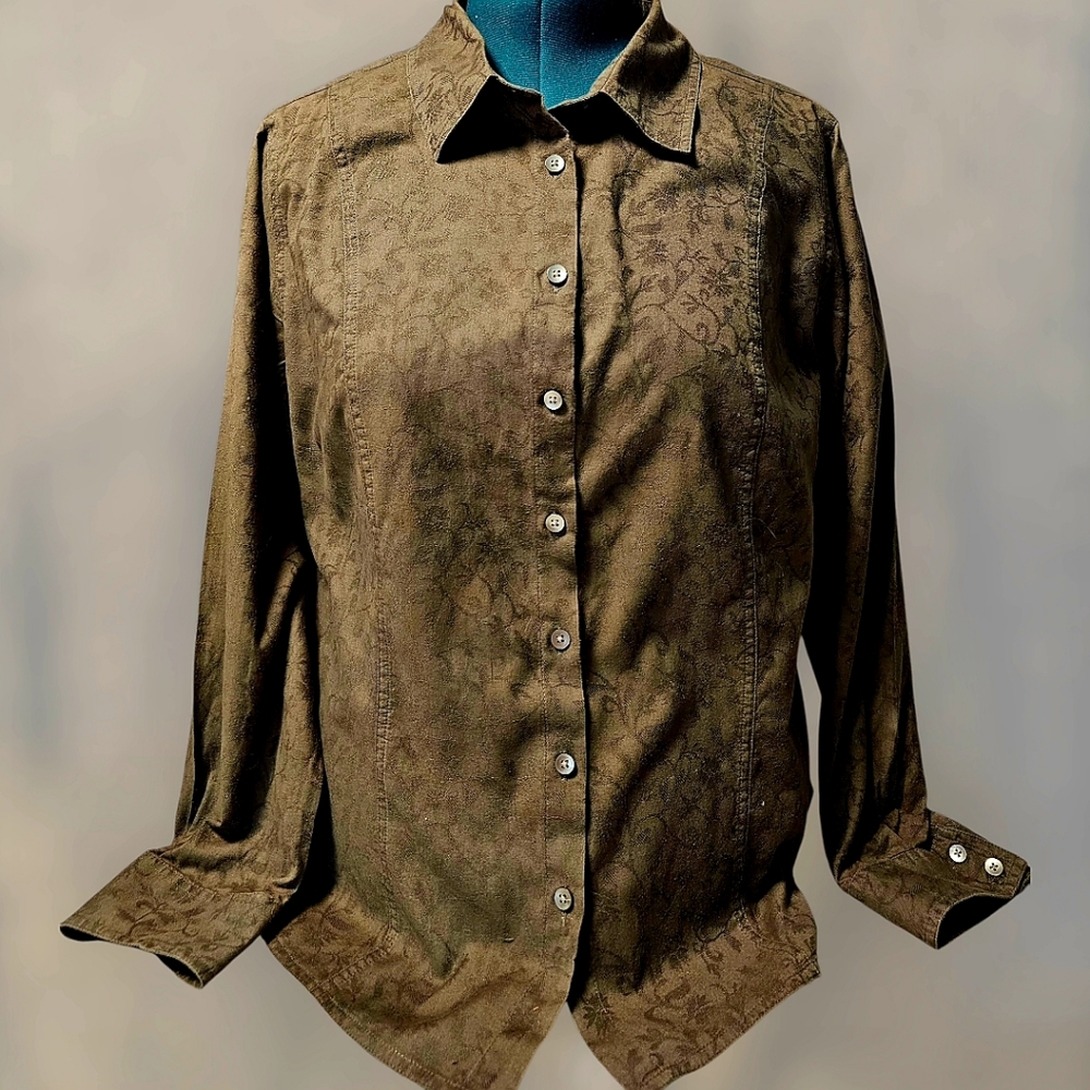 J Jill Olive Green Jaquard Blouse Size XL